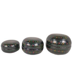Etched Black Lacquerware Asian Burmese Nesting Betel Kun-It Bowl Boxes 3pc Set